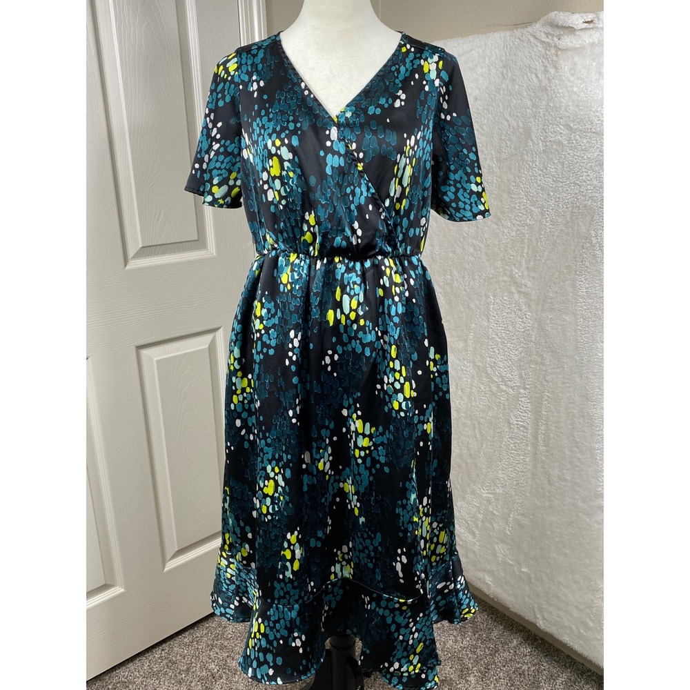 Torrid Midi Dress‎ Teal Blue Yellow Print Short Sleeve Faux Wrap Artsy 00 (M/10)